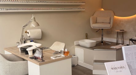 Elegant nail station at Mais Nails, Barry, Wales, GB, showcasing modern beauty and wellness services.