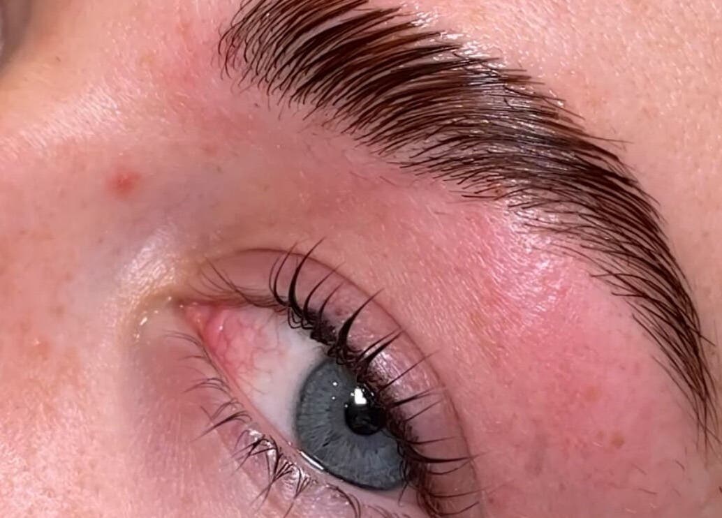Close-up of perfectly groomed eyebrow and lashes at Mais Nails, Barry, Wales, GB.