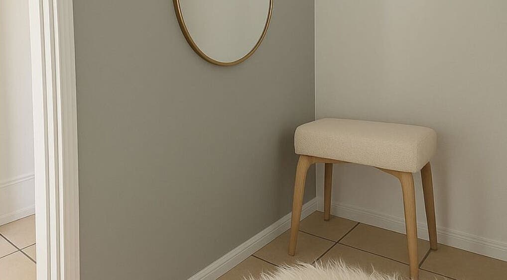Cozy, stylish corner at LÚME HAUS Aesthetics in Wavell Heights, Queensland, AU with a mirror and stool.