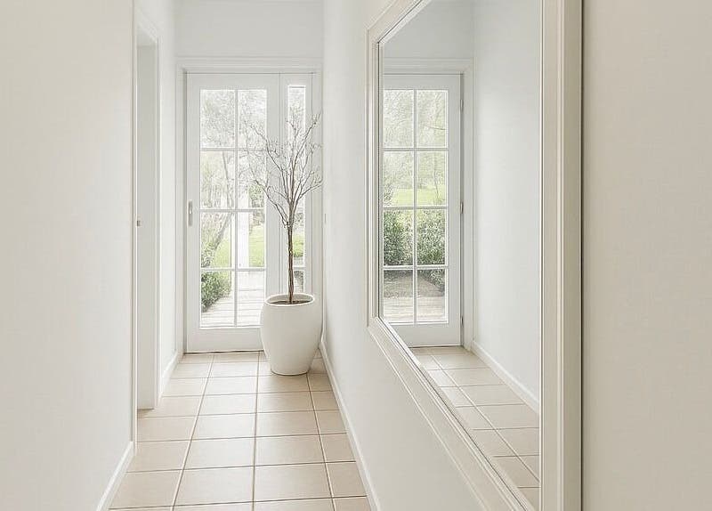 Bright hallway at LÚME HAUS Aesthetics, Wavell Heights, Queensland, AU featuring a large mirror and potted plant.