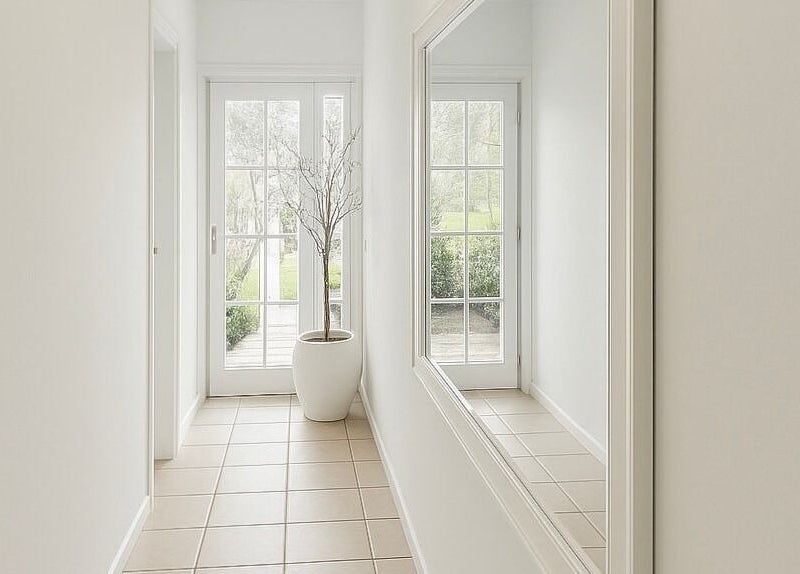Bright hallway at LÚME HAUS Aesthetics, Wavell Heights, Queensland, AU featuring a large mirror and potted plant.