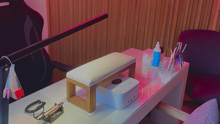 Nail station setup at KLL Beauty, Cape Town, Western Cape, ZA, featuring tools and products.