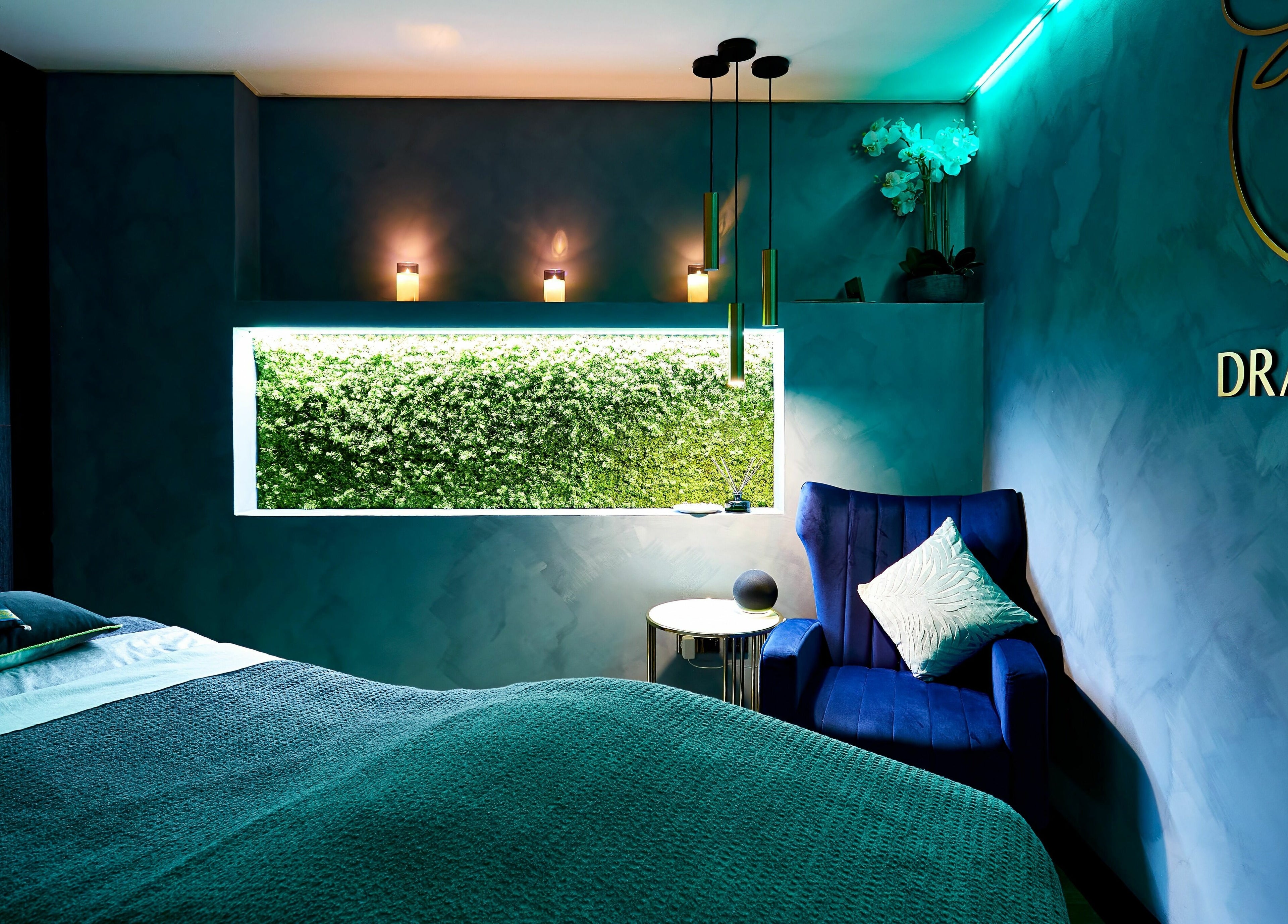 Elegant spa room at Dragonfly Skin Day Spa in Leeds, England, GB, featuring a tranquil ambiance and soothing décor.