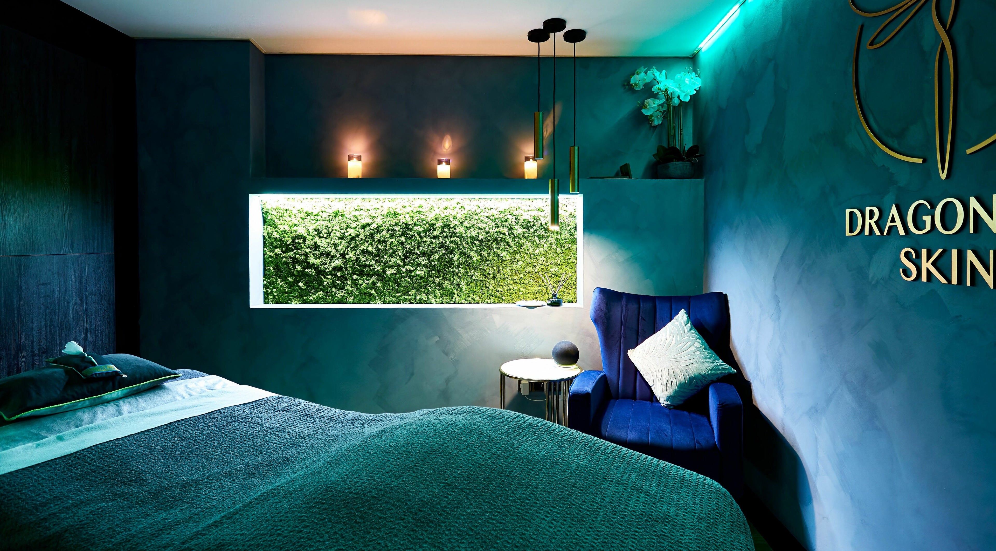 Elegant spa room at Dragonfly Skin Day Spa in Leeds, England, GB, featuring a tranquil ambiance and soothing décor.