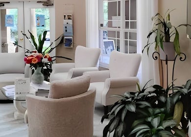 Elegant lounge at Andreia Schweich, Lake Mary, Florida, US, featuring plush seating and vibrant plants.