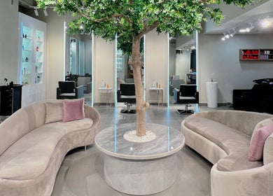 Modern beauty salon with elegant seating and tree decor at Salaza Gibran Khabbaz in Dubai, Dubai, AE.