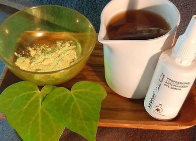 Holistic beauty tray with natural serum and tea at Amazing Beauty Salon and Wellness, Pretoria, Gauteng, ZA.