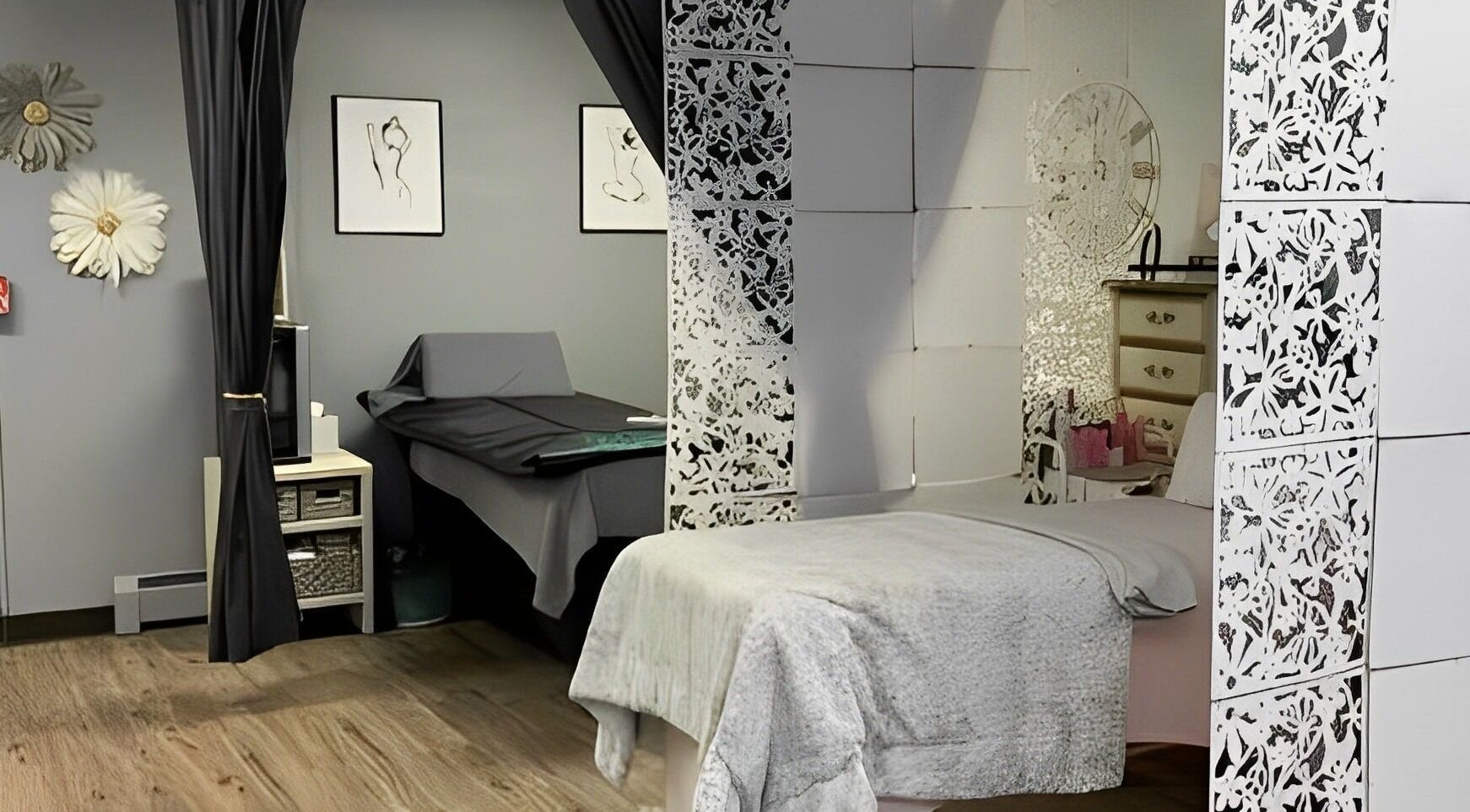Cozy spa room at The Skin and Brow Spot in Countryside, Illinois, US with a luxurious treatment bed and decor.