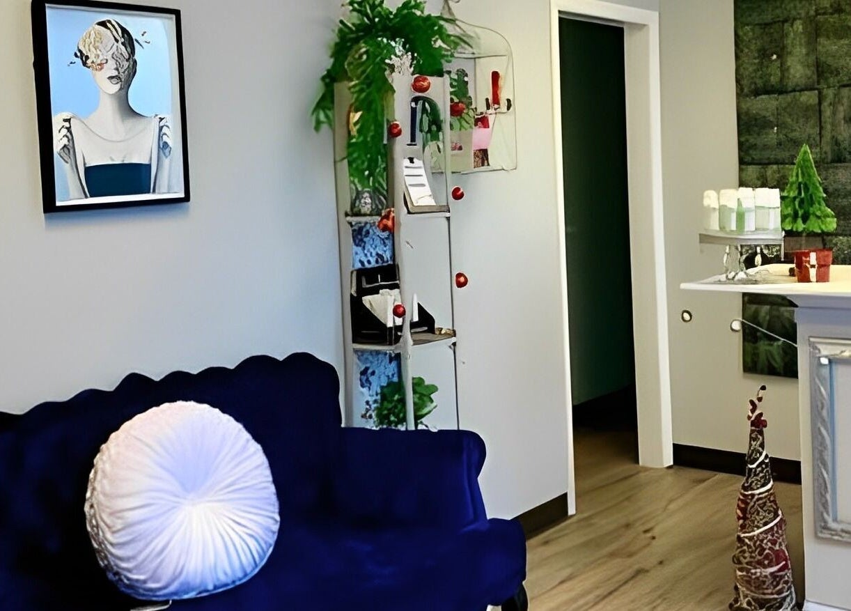 Elegant lounge area at The Skin and Brow Spot with decor and seating in Countryside, Illinois, US.