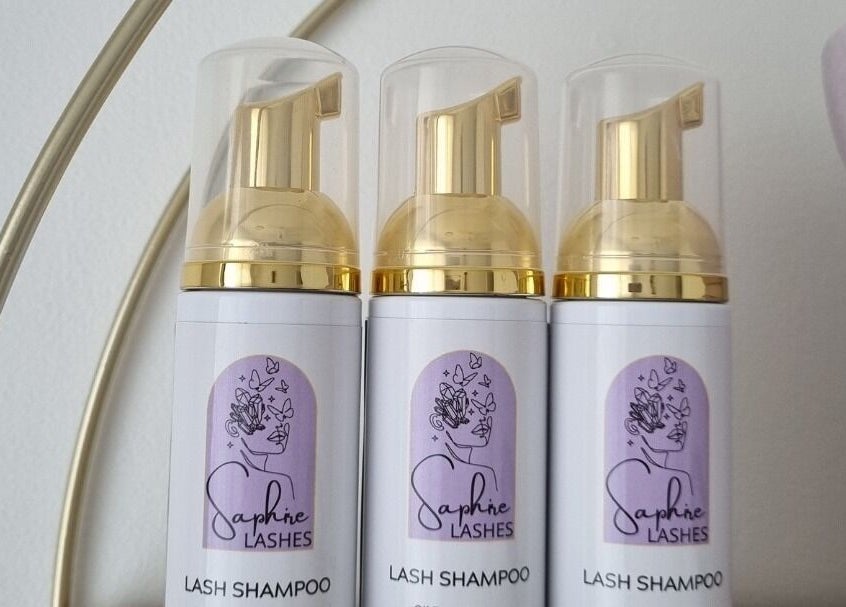 Saphire Lashes & Beauty's lash shampoo bottles in Burleigh Waters, Queensland, AU display elegance.