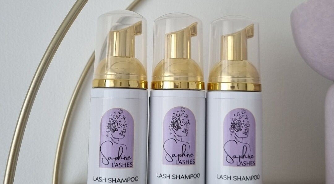 Saphire Lashes & Beauty's lash shampoo bottles in Burleigh Waters, Queensland, AU display elegance.