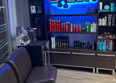 Interior view of 888 Salon in Chicago, Illinois, US displaying hair products on shelves.