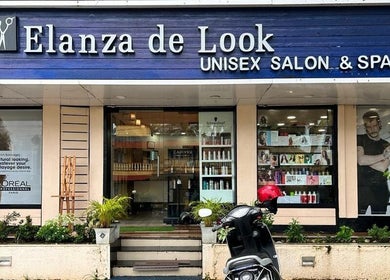 Front view of Elanza de Look Unisex Salon & Spa in Bogmalo, Goa, IN showcasing the entrance and signage.