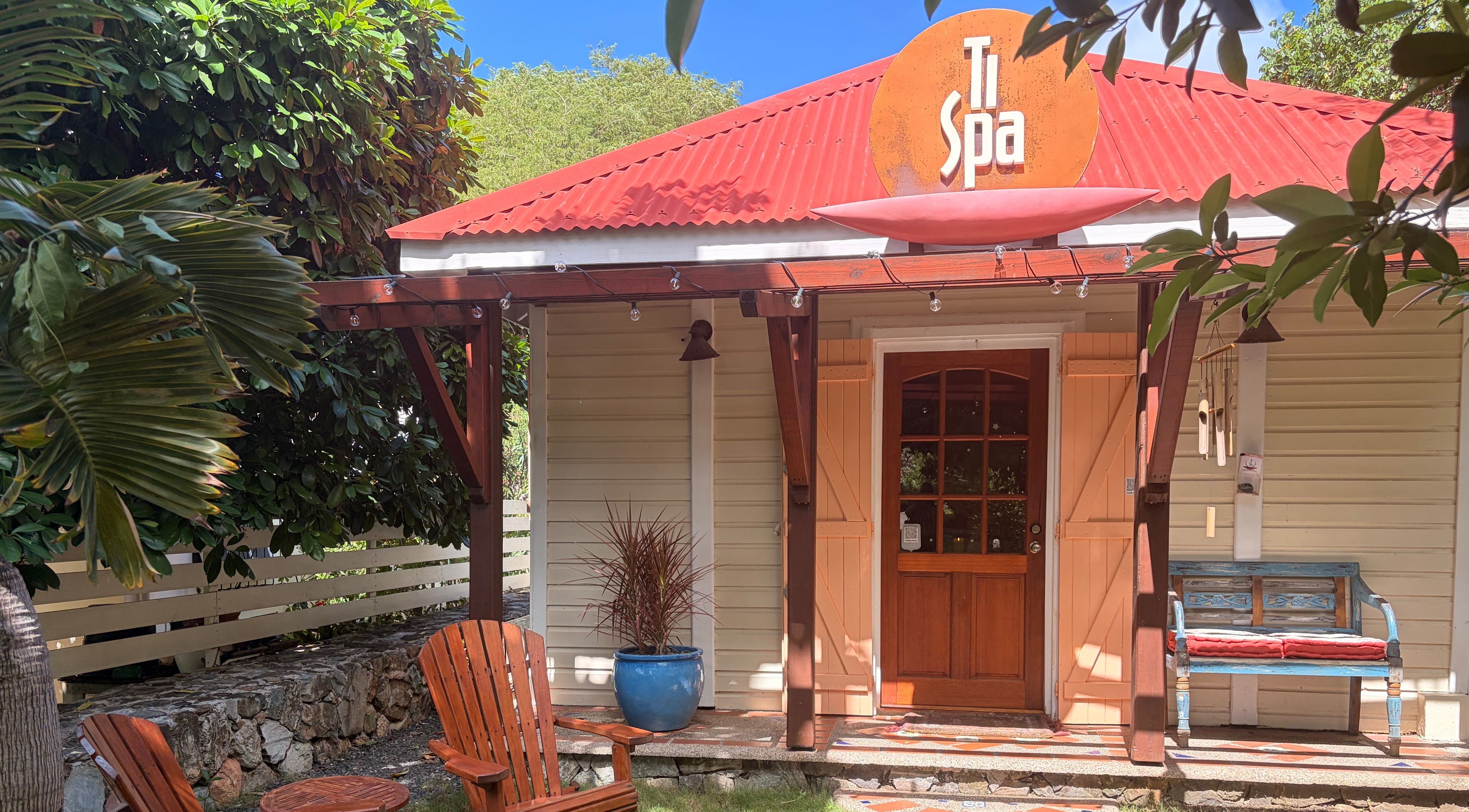 Entrance of TI Spa with inviting patio seating in Grand Case, Collectivité De Saint-martin, MF.