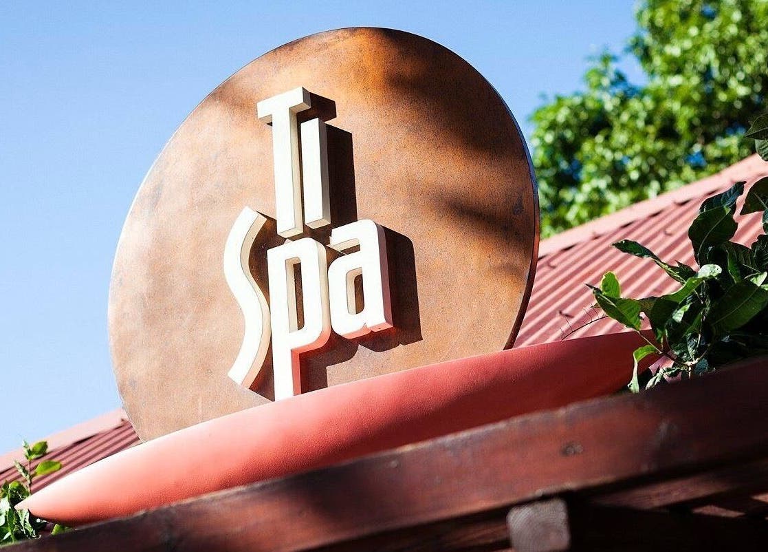 Ti Spa logo on rustic building, Grand Case, Collectivité De Saint-Martin, MF.