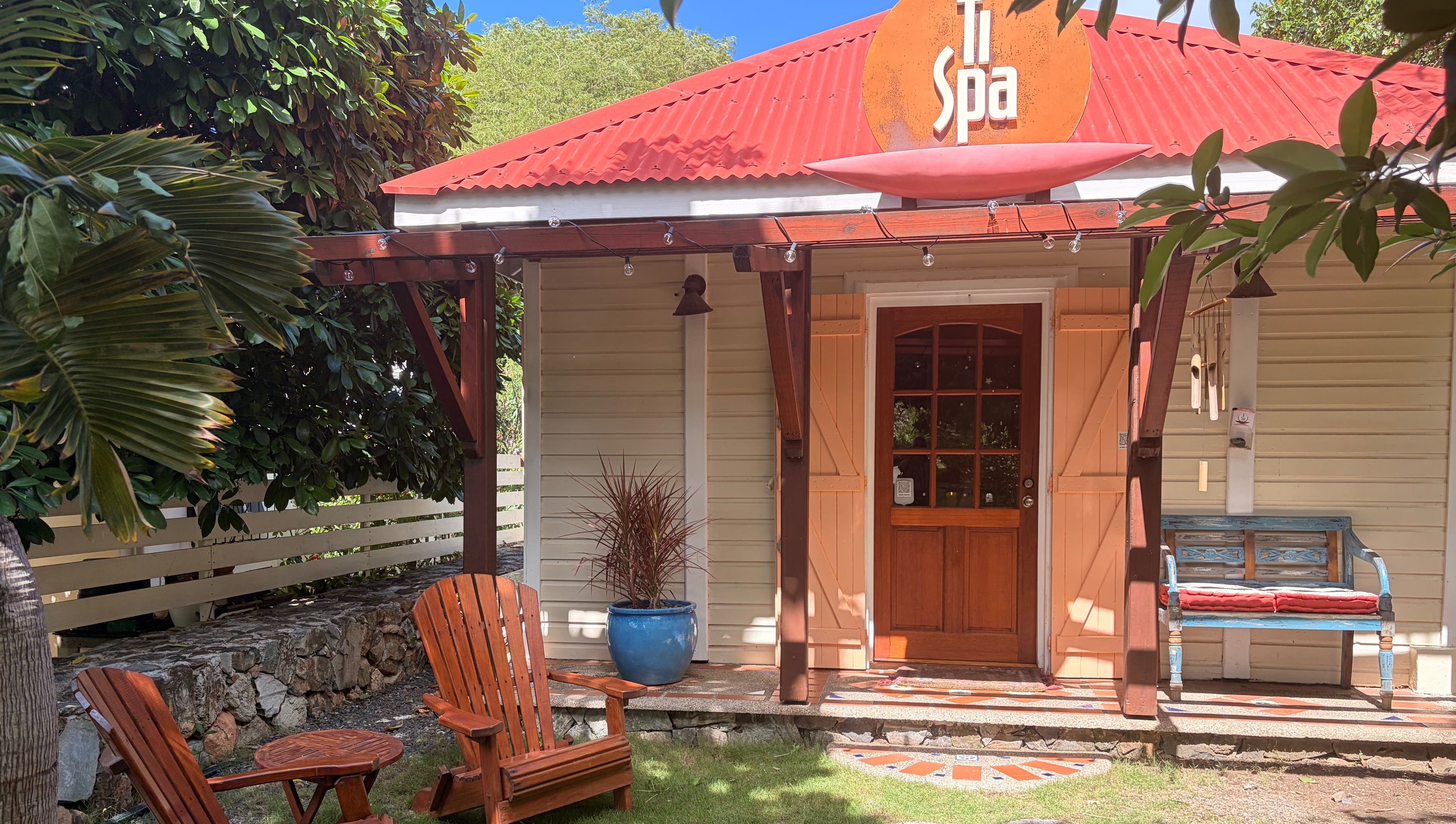 Charming wooden entrance of TI Spa with rustic decor at Grand Case, Collectivité De Saint-martin, MF.
