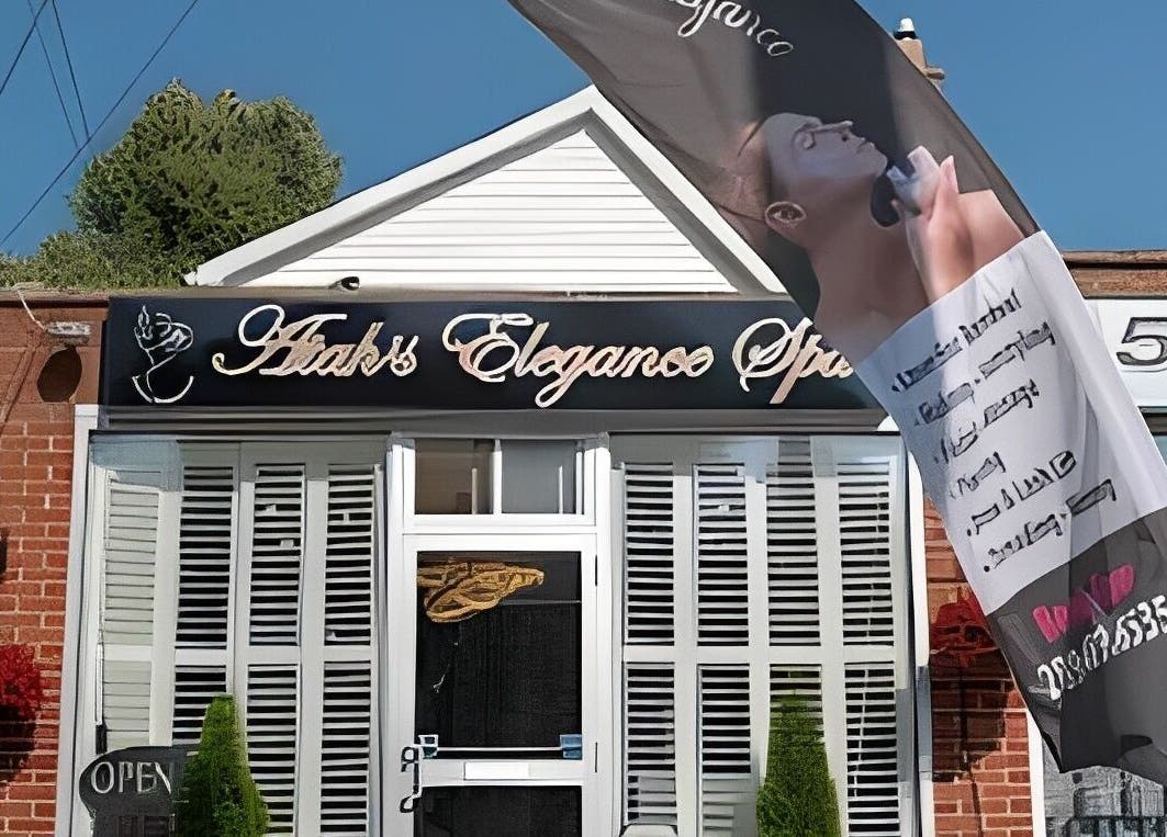 Front view of Atah’s Elegance Spa, Hamilton, Ontario, CA, showcasing elegant signage and entrance.