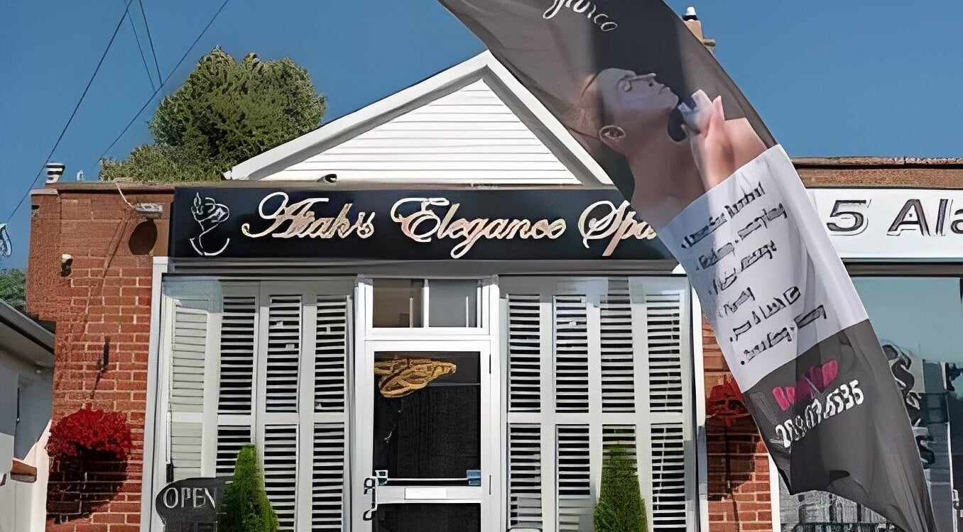 Front view of Atah’s Elegance Spa, Hamilton, Ontario, CA, showcasing elegant signage and entrance.