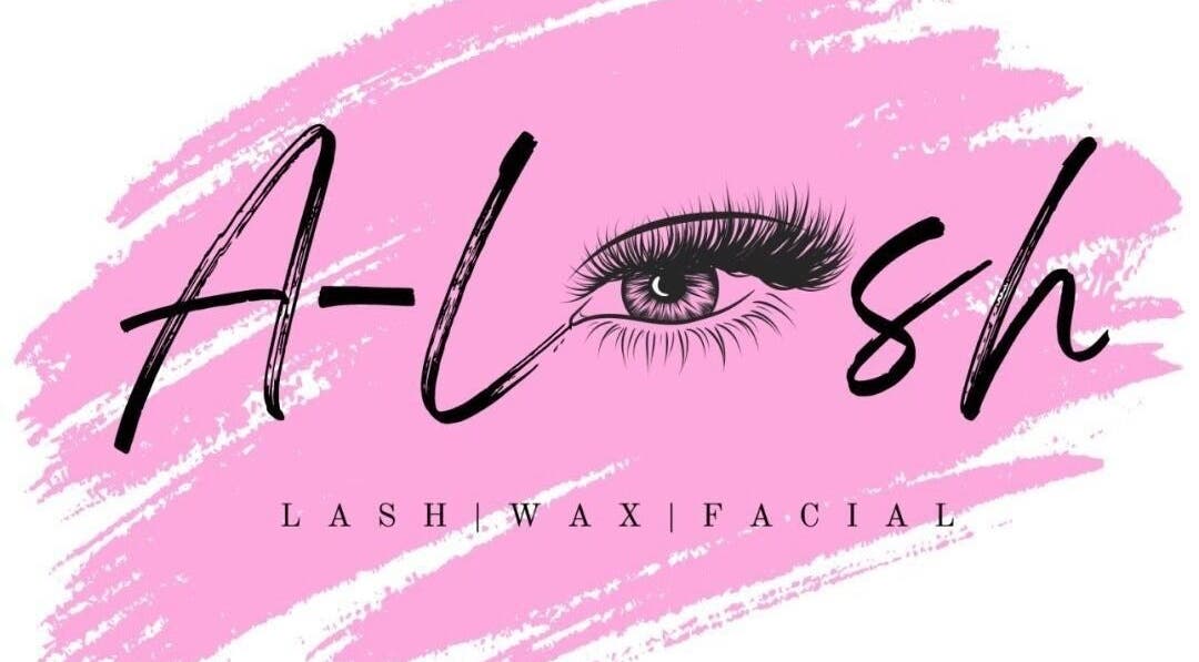 A-Lash logo on pink brushstroke background in Las Vegas, Nevada, US featuring eyelash detail.