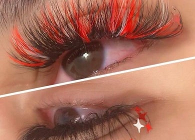 Close-up of colorful eyelash extensions at A - Lash, Las Vegas, Nevada, US, showcasing vibrant lash artistry.