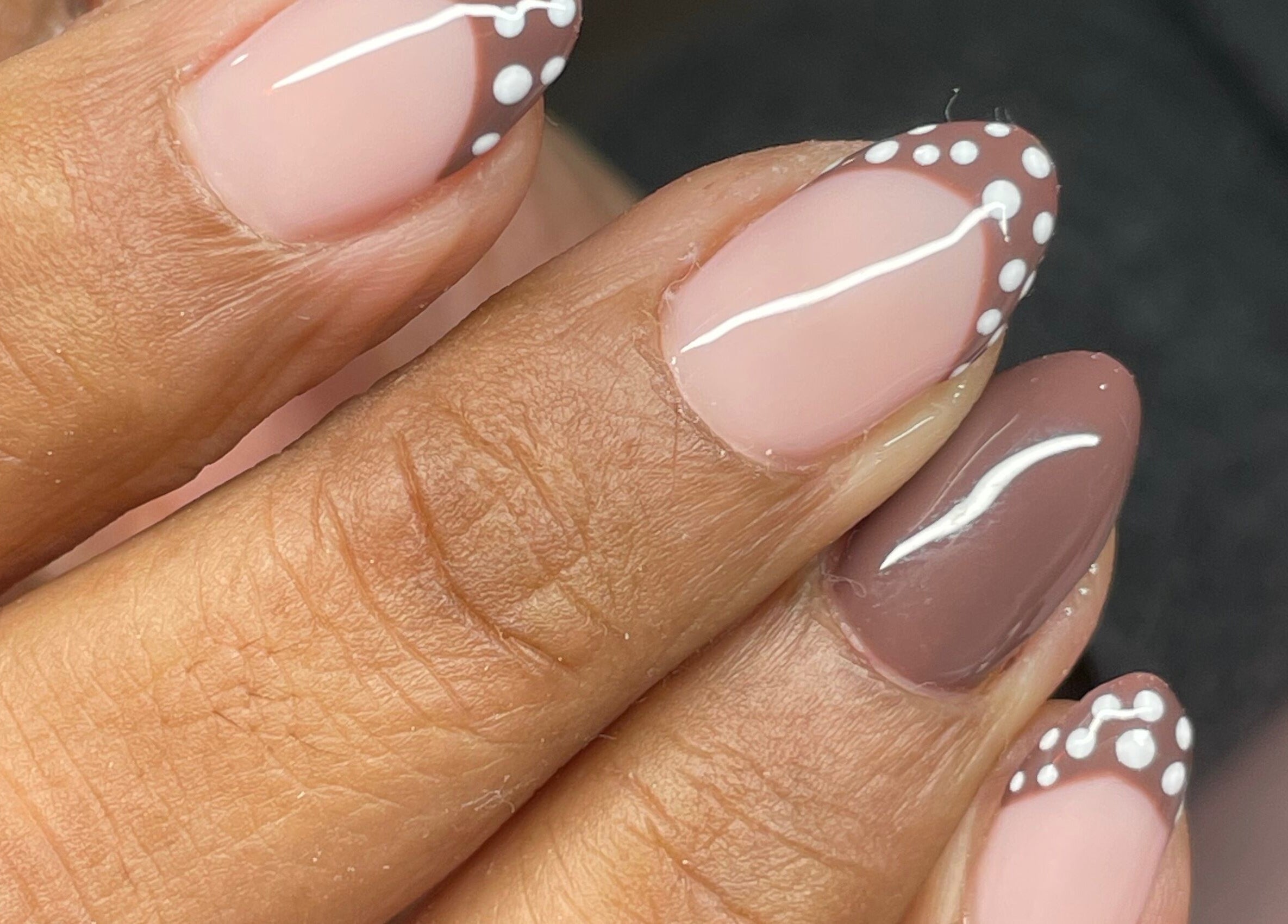 Elegant nail art with dots and brown tones at Gelled by NR, Melbourne, Victoria, AU.
