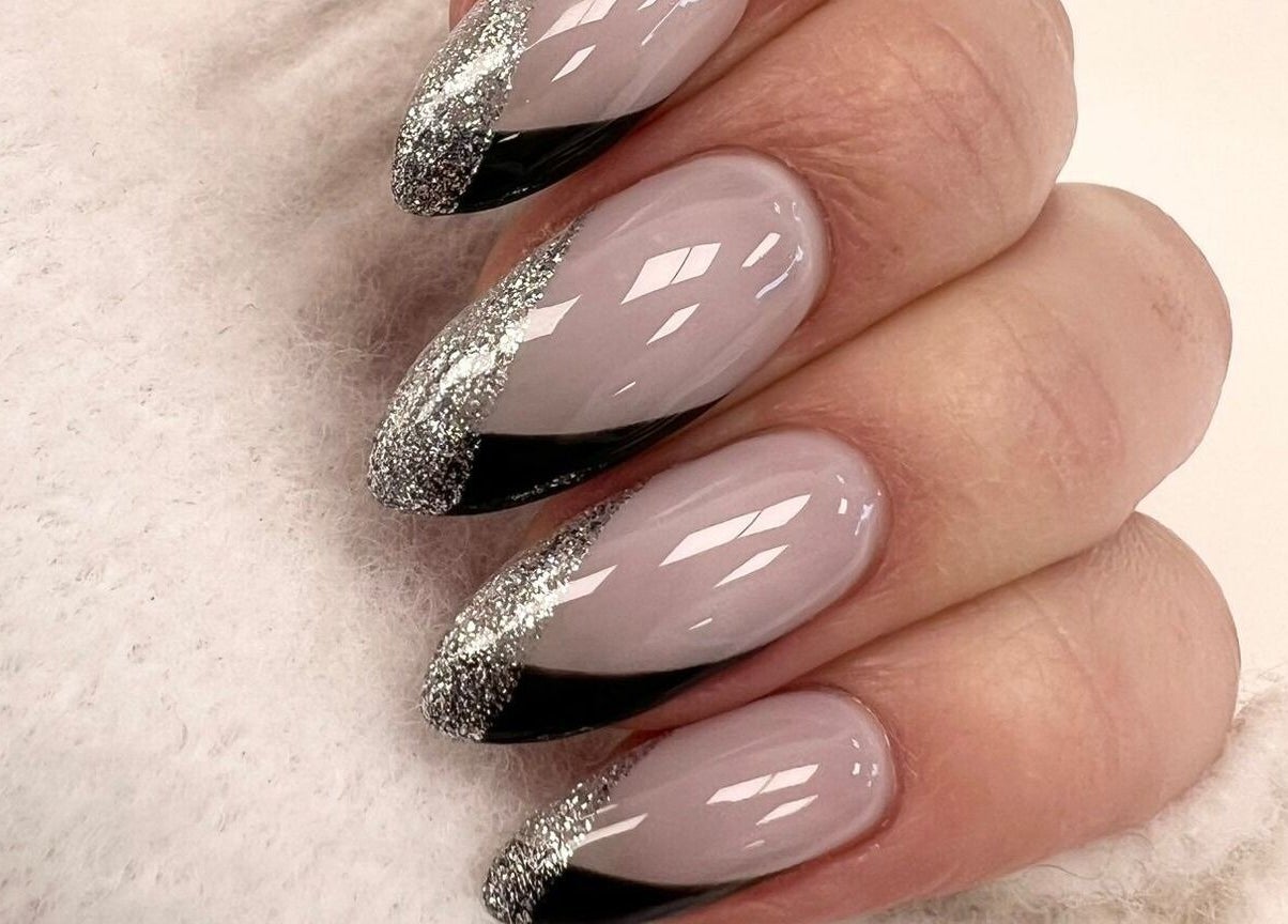 Elegant silver and black nail design at Salon 15 Beauty Rooms, Dublin, County Dublin, IE.