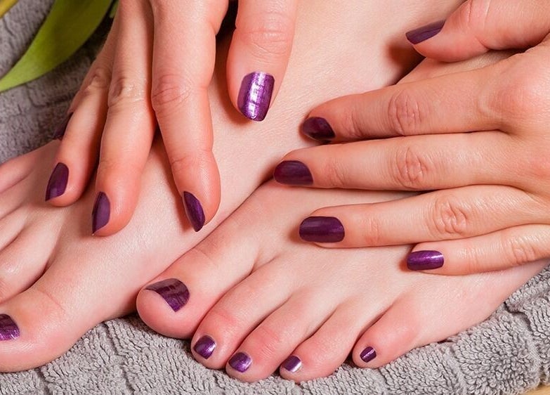 Purple manicured hands and feet at Salon 15 Beauty Rooms, Dublin, County Dublin, IE.