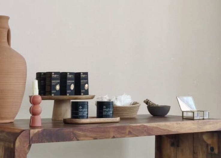 Elegant display of wellness products at Naós Massage and Wellness Studio, Kos, Greece, GR.