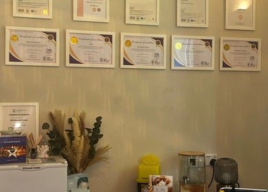 Certificates of excellence displayed at L B Aesthetics and Beauty, Ashford, England, GB highlighting expertise.