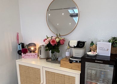 Elegant refreshment setup at By Lilly Studio, Wilmslow, England, GB with flowers and drinks.