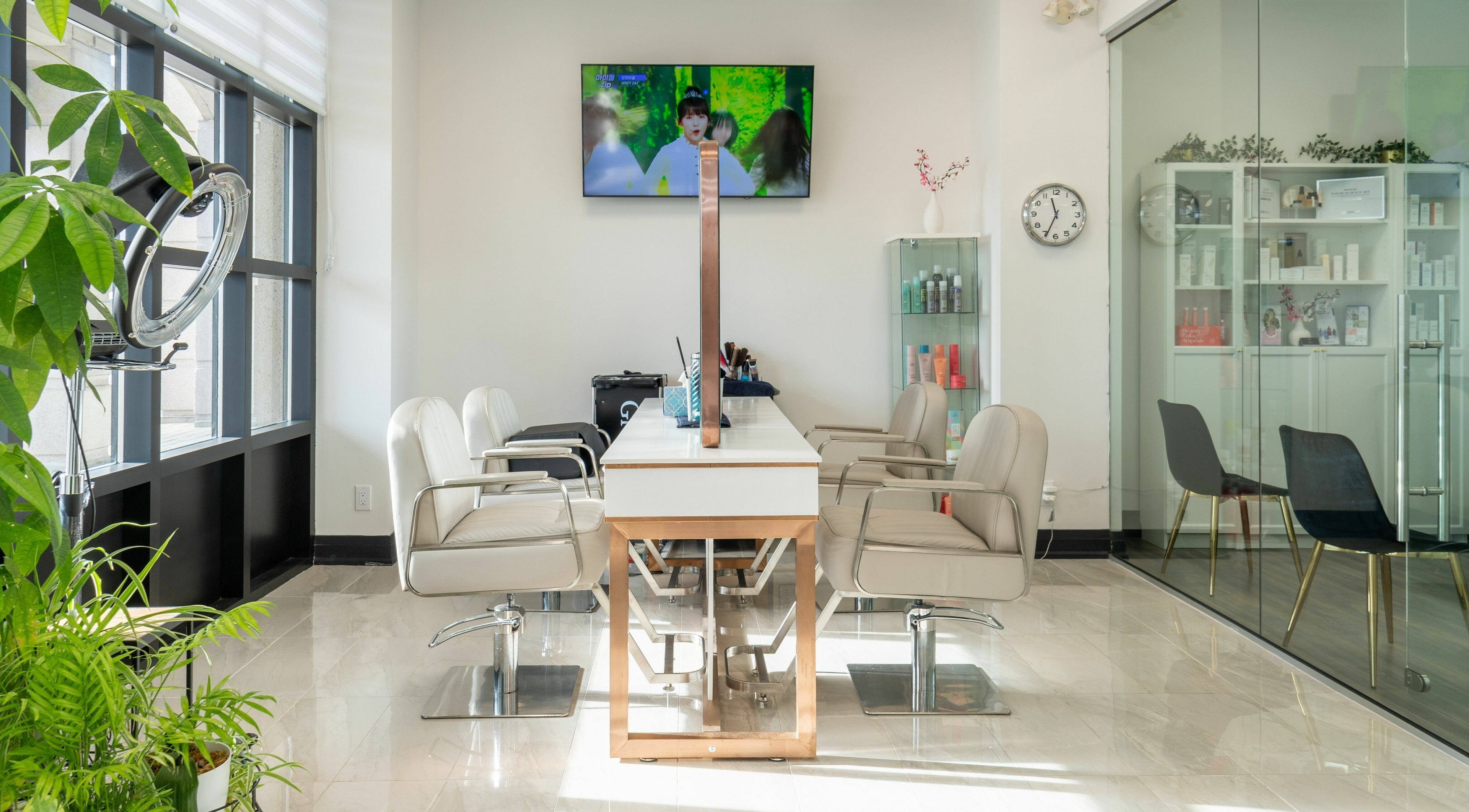 Interior of Beautify Skin Clinic - Beautify Hair Lounge, Vaughan, Ontario, CA: modern chairs and plants.