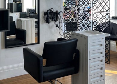Modern salon chair and mirror setup at Hair by Keri Muir, Larbert, Scotland, GB.