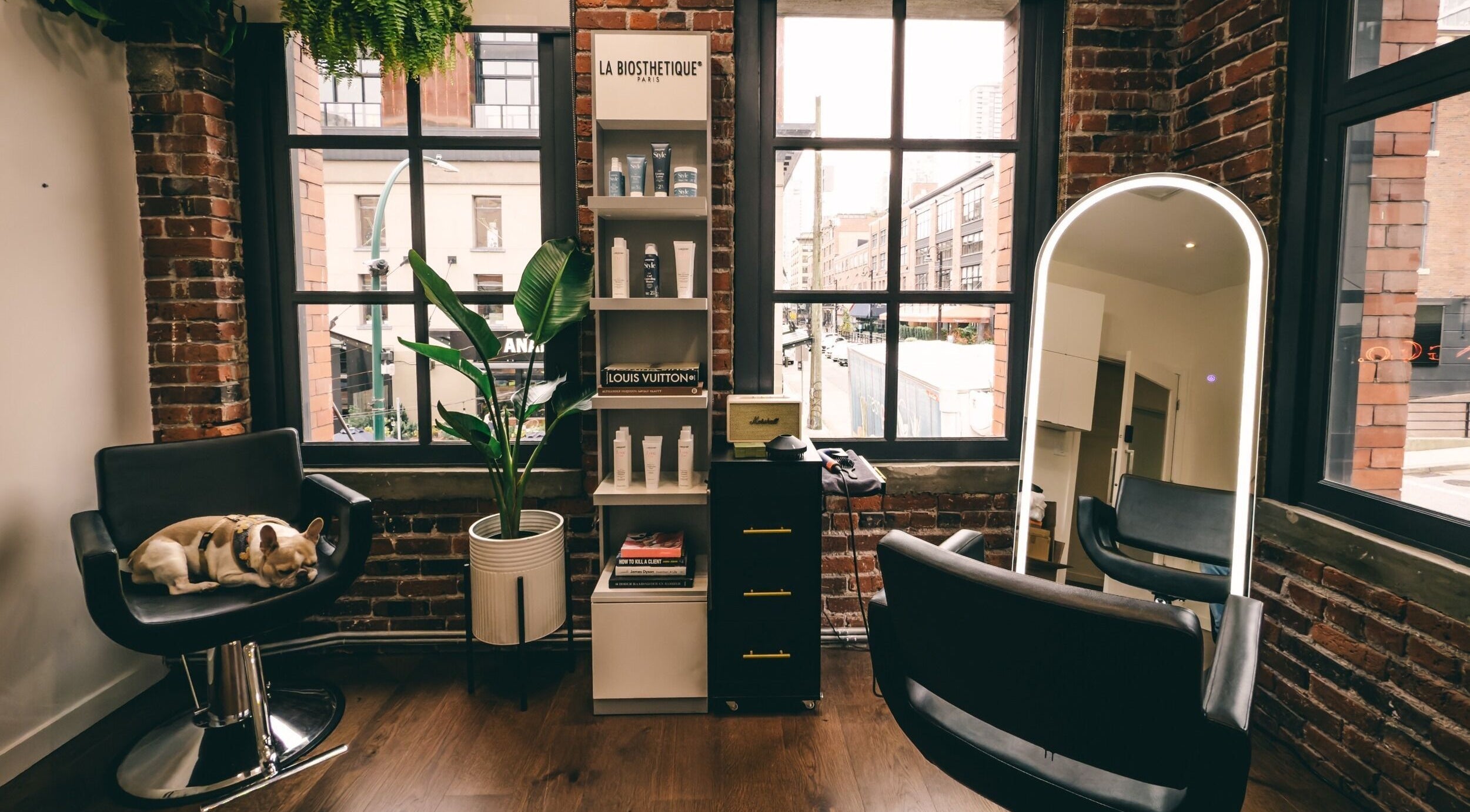 Cozy interior of Hairsoda Private Studio in Yaletown, Vancouver, BC with plants and stylish decor.