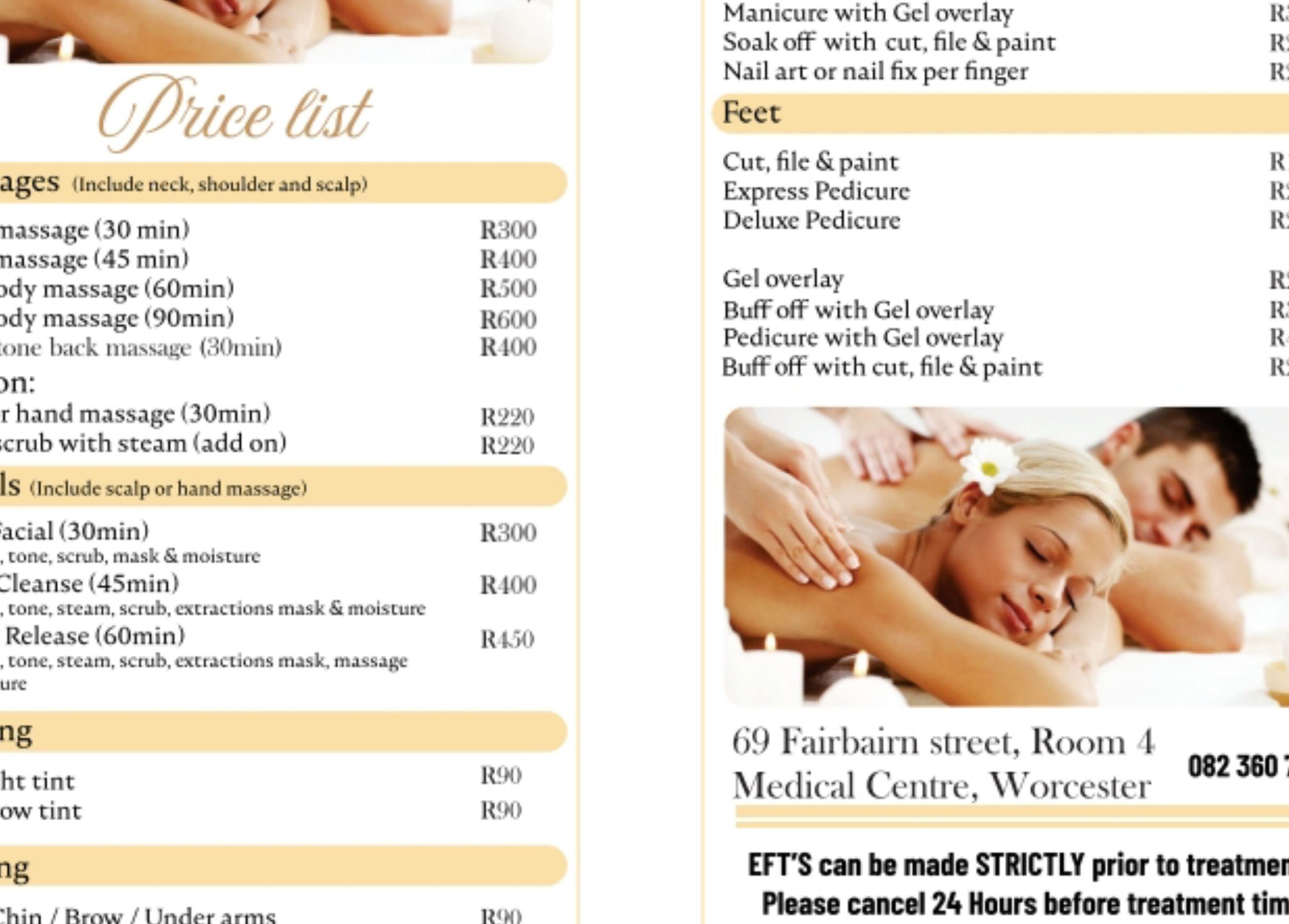 Price list for massages and services at Alecia's Health & Beauty, Worcester, Western Cape, ZA.