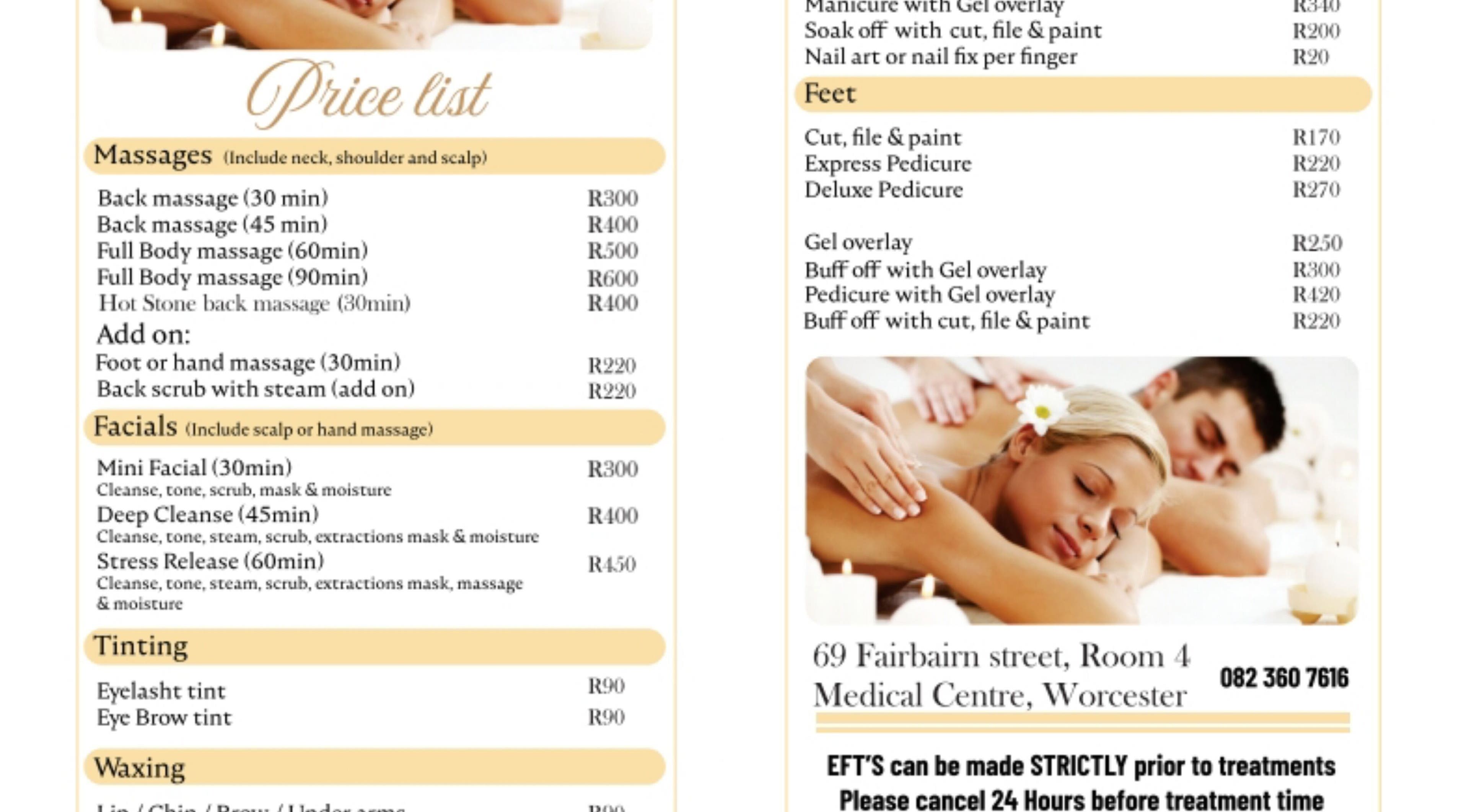Price list for massages and services at Alecia's Health & Beauty, Worcester, Western Cape, ZA.