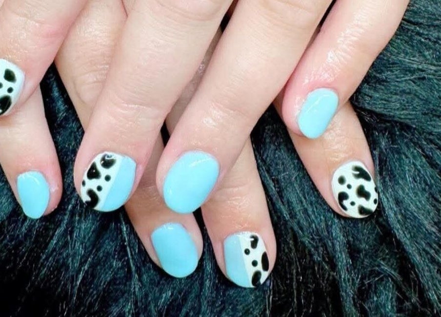 Stylish blue manicure with black spots at Simply Elegant Nail and Beauty, Timaru, Canterbury, NZ.