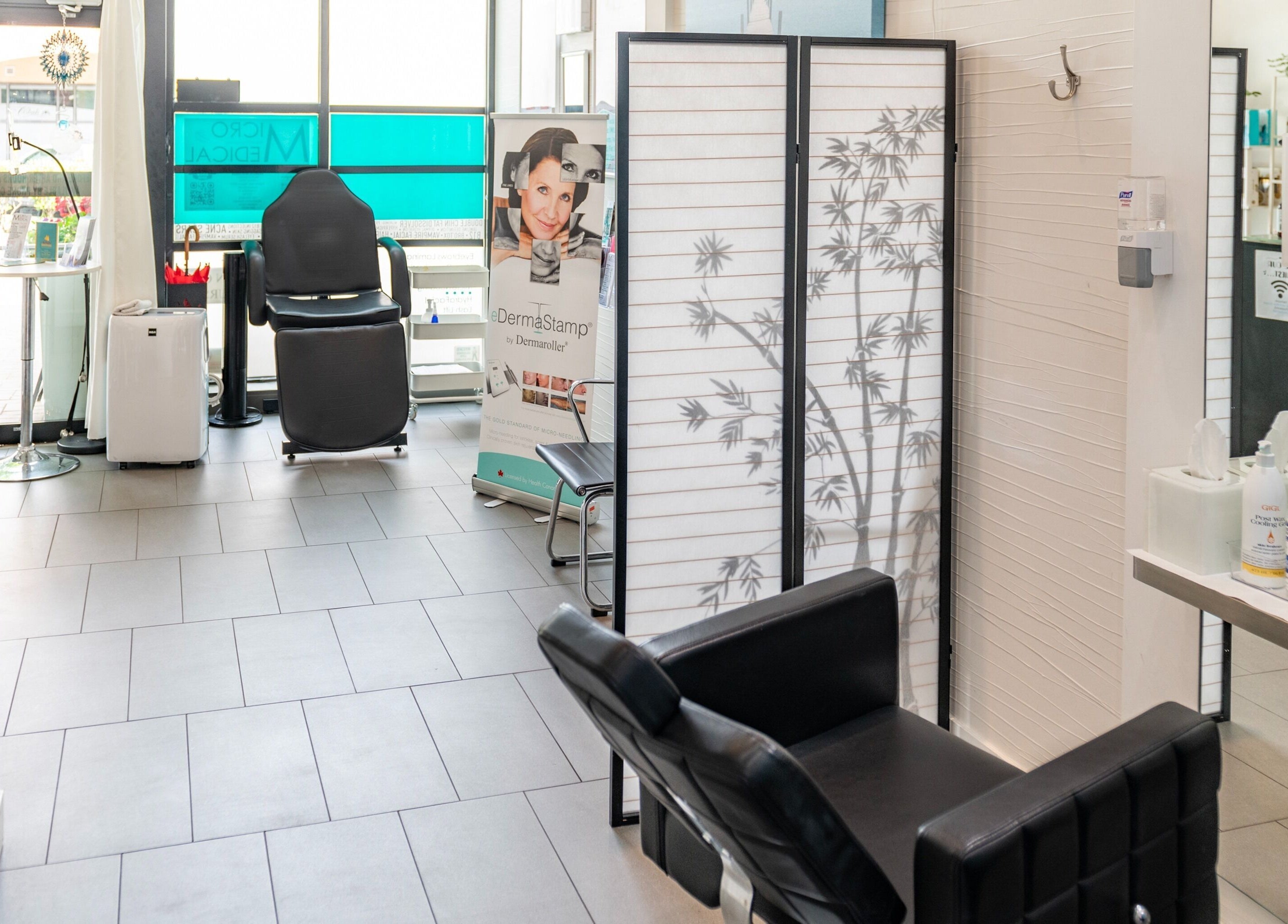 Modern interior of Bubbles and Wax Bar in Surrey, British Columbia, CA, showcasing stylish seating and clean decor.