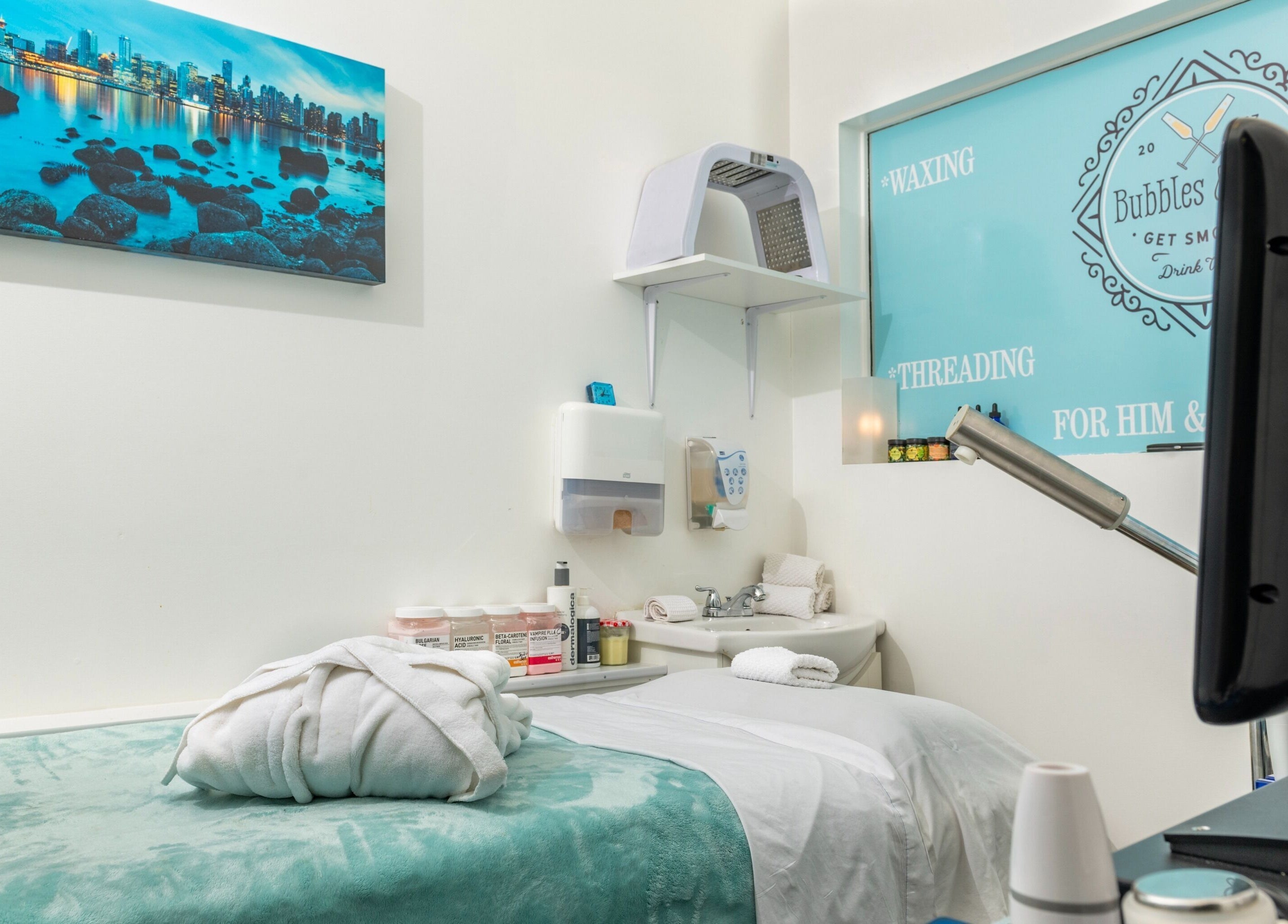 Relaxing treatment room at Bubbles and Wax Bar, Surrey, British Columbia, CA, with inviting decor and amenities.