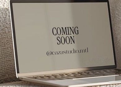 Laptop screen displaying 'Coming Soon' for CAZA STUDIO in Mont-royal, Québec, CA.