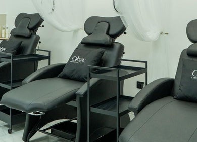 Chic black reclining chairs at The Beauty Lounge - Wednesdays Only, Leicester, England, GB.