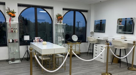 Chic beauty room at Sole Radiance, Oakbrook, Illinois, US with elegant decor and makeup stations.