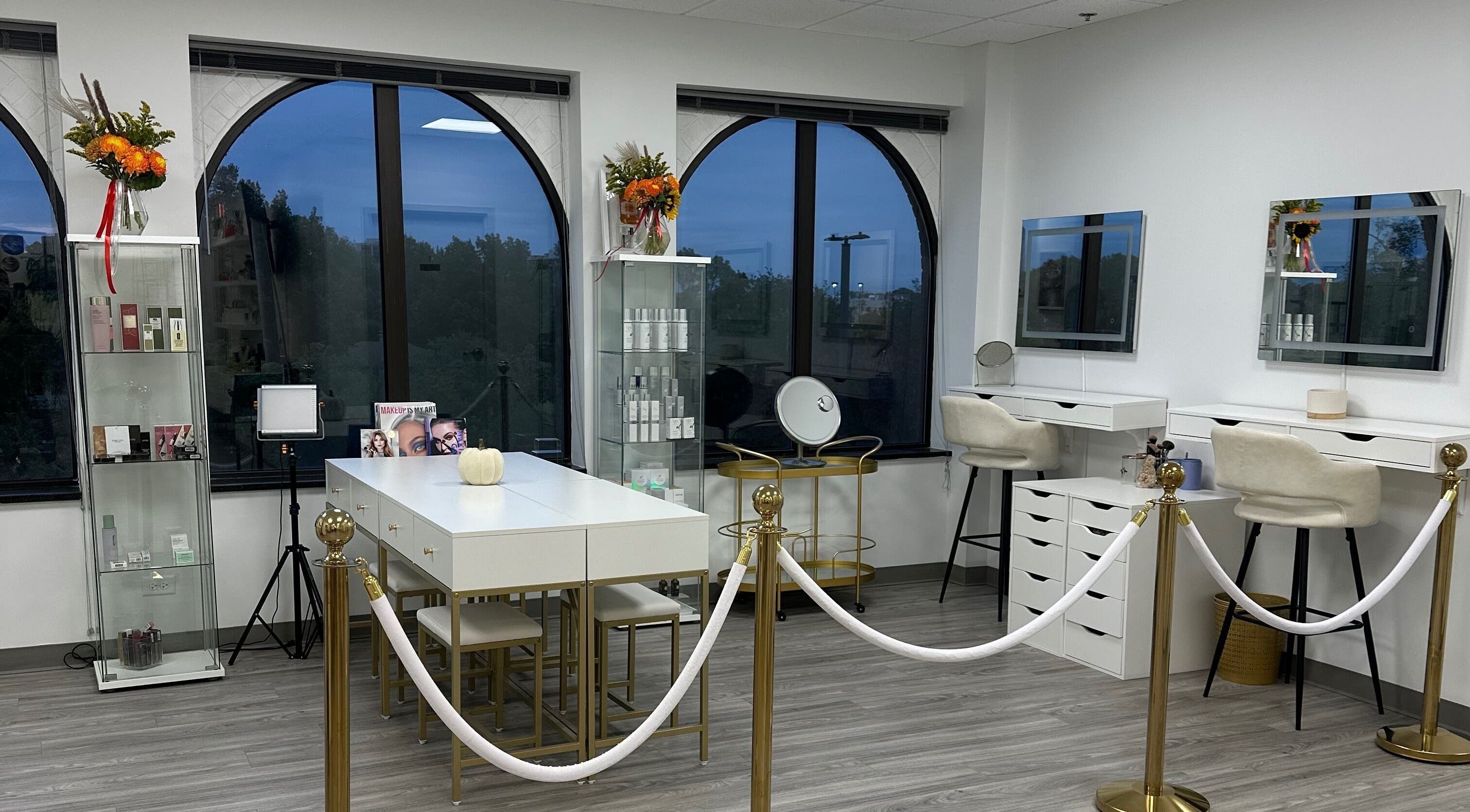 Chic beauty room at Sole Radiance, Oakbrook, Illinois, US with elegant decor and makeup stations.