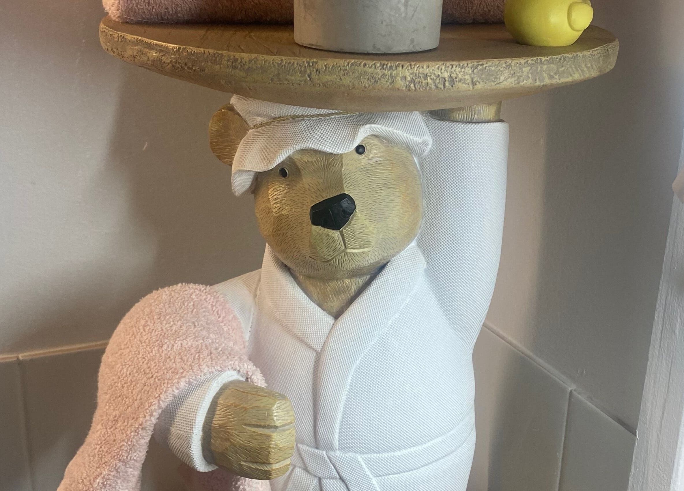 Charming spa bear in robe at Jan Kelly's Beauty Hub, Hope Island, Queensland, AU.