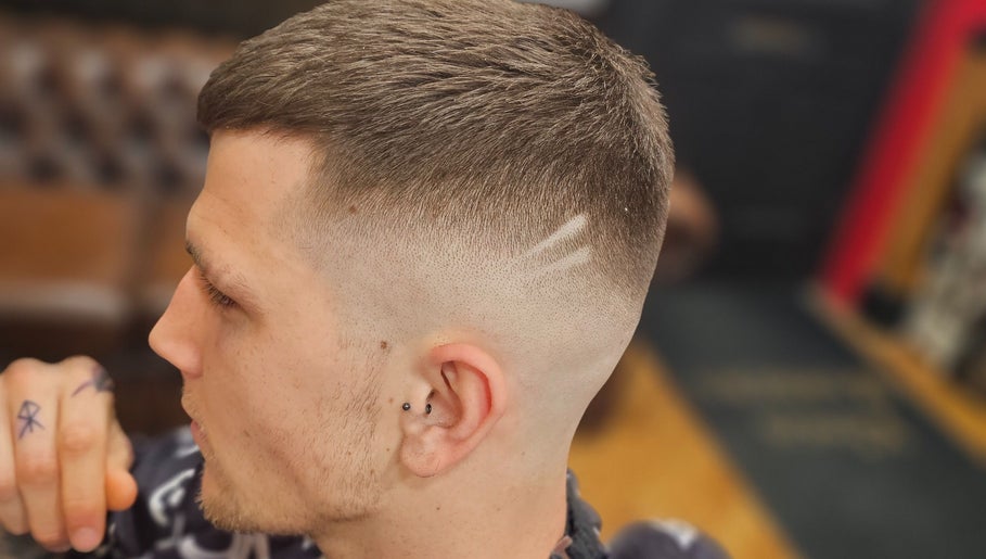 Close-up of sharp fade haircut at Kings Barbers, Horsham, England, GB showcasing style and precision.