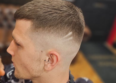 Close-up of sharp fade haircut at Kings Barbers, Horsham, England, GB showcasing style and precision.