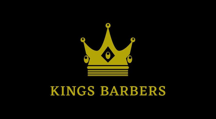 Kings Barbers logo featuring a golden crown on black, located in Horsham, England, GB.