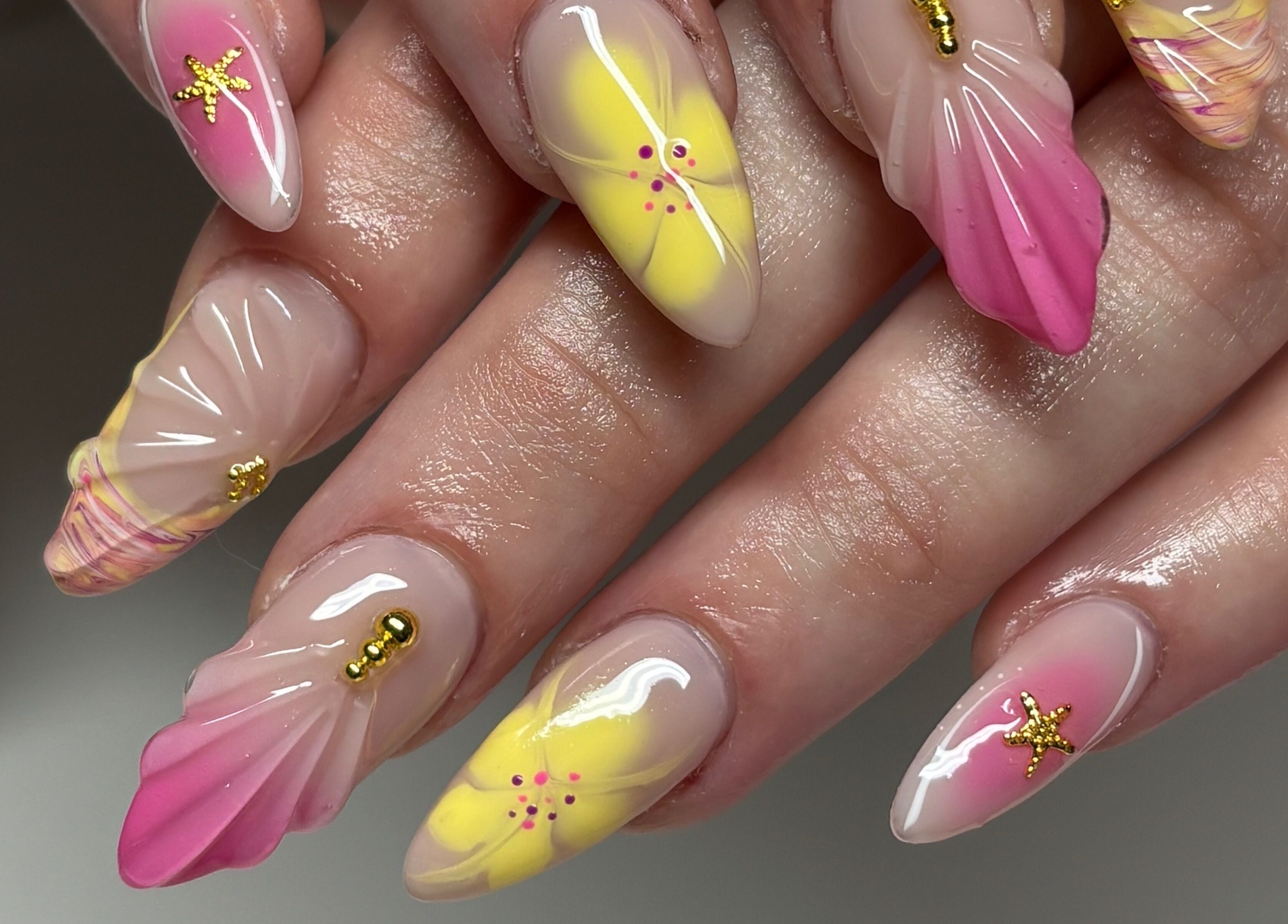 Intricate pink and yellow nail art at Clawsxtend Nails By Ivy, Bald Hills, Queensland, AU.