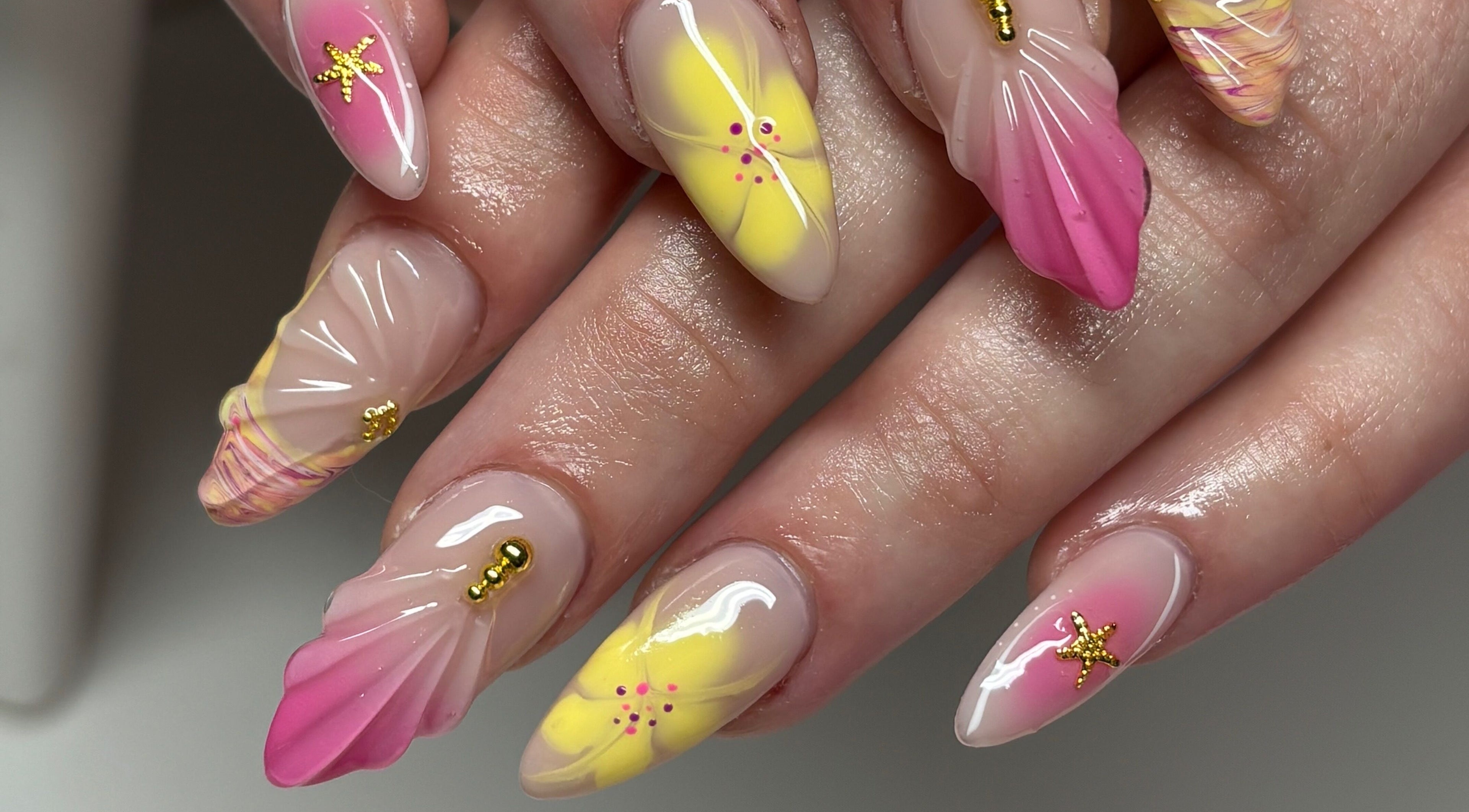 Intricate pink and yellow nail art at Clawsxtend Nails By Ivy, Bald Hills, Queensland, AU.