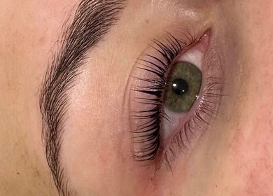 Close-up of expertly shaped eyebrow and eyelashes at Beauty by Mollie, Burnley, England, GB.