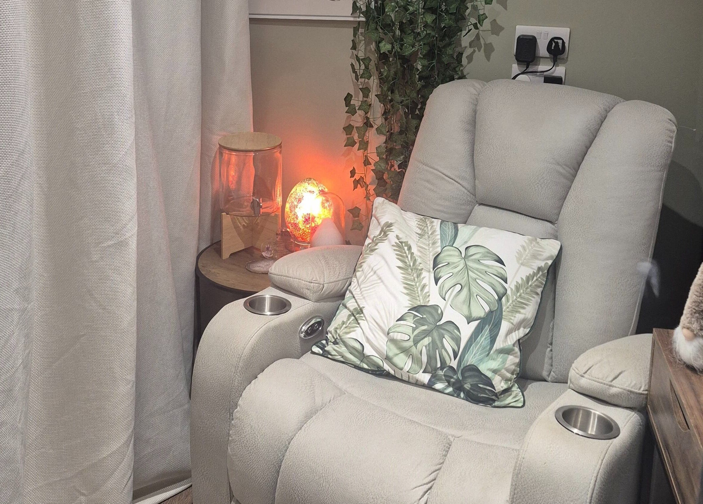 Relaxing massage chair at Liuda’s Massage and Beauty in Alexandria, Scotland, GB, offering comfort with elegant decor.